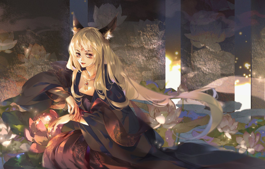 1girl animal_ear_fluff animal_ears black_ears black_jacket blonde_hair bud chinese_clothes closed_mouth dress eyelashes facial_mark feet_out_of_frame flat_chest floating_hair flower forehead_mark fox_ears grey_hair hands_up hanfu highres jacket jewelry light_particles lipstick long_hair looking_at_viewer lotus lotus_leaf makeup melon72366610 necklace original pendant red_dress red_lips red_shawl sash shawl sitting smile solo very_long_hair