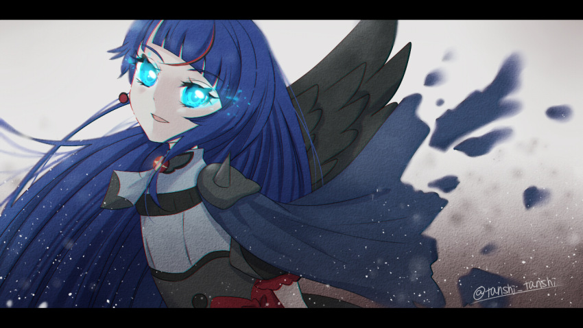 1girl alternate_hairstyle black_wings blue_cape blue_eyes blue_hair brooch cape cure_sky cut_bangs dark_cure_sky earrings feathered_wings glowing glowing_eye hair_down hirogaru_sky!_precure jewelry letterboxed long_hair magical_girl multicolored_hair open_mouth precure puffy_short_sleeves puffy_sleeves redhead short_sleeves single_wing smile solo sora_harewataru spiked_pauldrons streaked_hair tanshi_tanshi torn_cape torn_clothes twitter_username very_long_hair wind wing_brooch wings