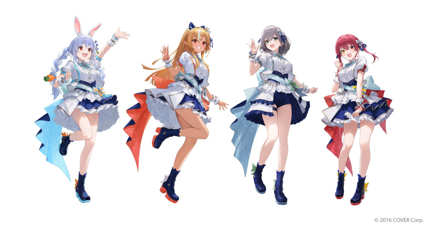 4girls :d \||/ absurdres animal_ear_fluff animal_ears ankle_boots aqua_bow aqua_bowtie aqua_gemstone aqua_ribbon aqua_sash aqua_skirt arm_up back_bow beads blue_bow blue_corset blue_footwear blue_hair blue_ribbon blue_shorts blue_skirt blush boots bow bowtie braid breasts brooch buttons carrot_hair_ornament collared_jacket commentary_request company_name copyright_notice corset curled_fingers dark-skinned_female dark_skin dot_nose double-parted_bangs dress_shirt elf eyelashes fingernails food-themed_hair_ornament footwear_bow french_braid frilled_skirt frills full_body gold_ribbon gold_trim green_bow green_eyes grey_hair grin hair_between_eyes hair_bow hair_ornament hair_ribbon hand_up hat hat_bow heel_up heterochromia high_heel_boots high_heels high_ponytail highres hololive hololive_idol_uniform_(bright) houshou_marine idol idol_clothes jacket jewelry lapel_pin lapels large_bow layered_skirt leg_up light_brown_hair lone_nape_hair long_bangs long_hair looking_at_viewer looking_up low-tied_long_hair matsuo_shogo mini_tiara multicolored_hair multiple_girls nail_polish notched_lapels official_alternate_costume official_art open_clothes open_jacket open_mouth orange_eyes orange_nails orange_ribbon orange_skirt outstretched_arm outstretched_hand overskirt plaid plaid_bow pointy_ears puffy_short_sleeves puffy_sleeves rabbit_ears rabbit_girl red_eyes red_skirt redhead ribbon sash sash_bow shiranui_flare shirogane_noel shirt short_eyebrows short_hair short_shorts short_sleeves shorts showgirl_skirt side_braid sidelocks simple_background skirt smile sparkle_print standing standing_on_one_leg star_(symbol) star_hair_ornament streaked_hair striped_bow striped_sash swept_bangs teeth thick_eyebrows thigh_strap thighs twin_braids twintails two-sided_fabric two-sided_skirt two-tone_hair underbust upper_teeth_only usada_pekora virtual_youtuber waving white_background white_bow white_hair white_jacket white_sash white_shirt white_skirt white_wrist_cuffs wrist_cuffs wrist_ribbon yellow_bow yellow_eyes