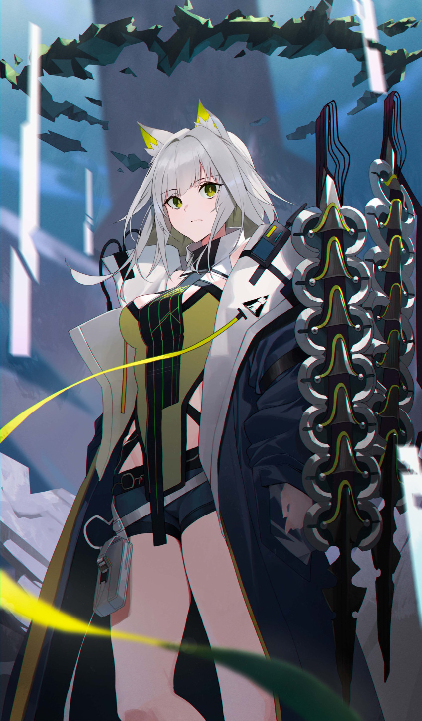 1girl absurdres animal_ear_fluff animal_ears arknights bare_shoulders blue_coat blue_shorts breasts cat_ears cat_girl closed_mouth coat feet_out_of_frame green_eyes green_shirt grey_hair groin highres kal'tsit_(arknights) kal'tsit_(remnant)_(arknights) large_breasts long_sleeves official_alternate_costume open_clothes open_coat raitho rhodes_island_logo_(arknights) shirt short_hair short_shorts shorts solo