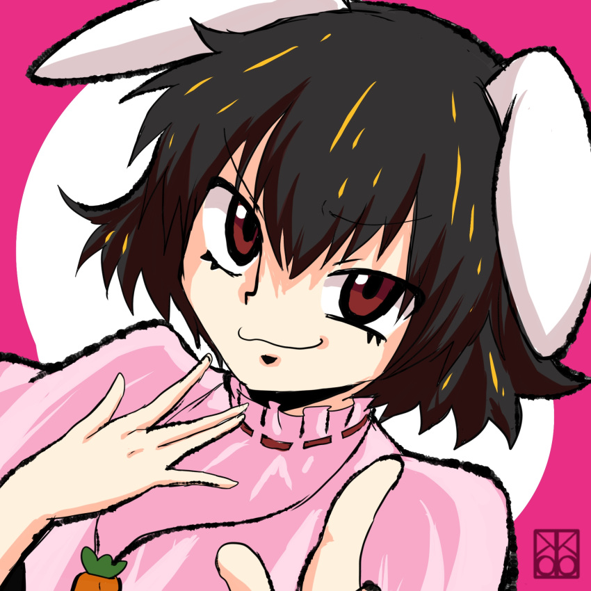 1girl :3 animal_ears black_hair brown_eyes carrot_necklace closed_mouth commentary_request dress dutch_angle floppy_ears hair_between_eyes highres inaba_tewi index_finger_raised jewelry looking_at_viewer medium_bangs necklace pink_background pink_dress rabbit_ears rabbit_girl ribbon-trimmed_dress shishi_(kuroear99) short_hair smile solo touhou two-tone_background upper_body v-shaped_eyebrows white_background