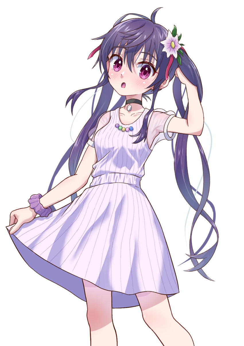 1girl blush choker commentary_request dress ebisuzawa_kurumi flower gakkou_gurashi! hair_flower hair_ornament hair_ribbon hand_up highres long_hair looking_to_the_side open_mouth pendant_choker purple_hair ribbon scrunchie see-through see-through_sleeves short_sleeves skirt_hold solo striped_clothes striped_dress twintails user_pcsh3757 vertical-striped_clothes vertical-striped_dress very_long_hair violet_eyes wrist_scrunchie