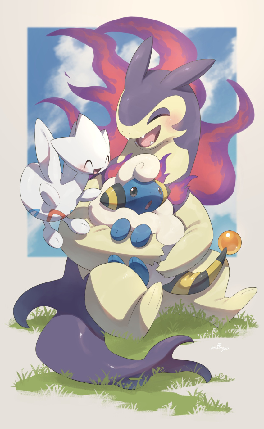 :o absurdres animal_focus black_eyes blue_sky blush closed_eyes clouds commentary_request fire floating highres hisuian_typhlosion mareep no_humans nullma on_grass open_mouth pokemon pokemon_(creature) purple_fire red_fire sheep sitting sky smile tail togetic wings wool
