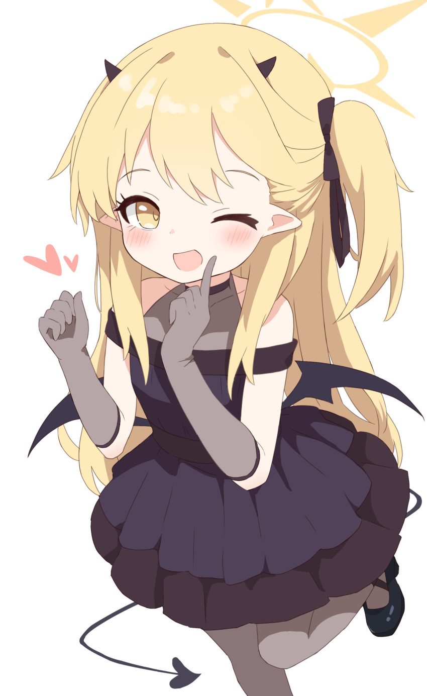 1girl ;d absurdres black_dress black_footwear black_gloves black_horns black_pantyhose black_tail black_wings blonde_hair blue_archive blush demon_girl demon_horns demon_tail demon_wings dress evening_gown finger_to_mouth foot_out_of_frame gloves halo hands_up heart highres horns ibuki_(blue_archive) ibuki_(dress)_(blue_archive) index_finger_raised long_hair looking_at_viewer low_wings mary_janes official_alternate_costume one_eye_closed open_mouth pantyhose pleated_dress pointy_ears shoes simple_background smile solo standing standing_on_one_leg tail white_background wings yellow_eyes yellow_halo yukisiannn