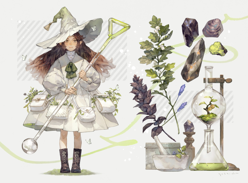 1girl animal bag black_footwear boots bottle bow bowtie box brown_hair bug butterfly closed_mouth cross-laced_footwear crystal dress erlenmeyer_flask flask food fruit glass glass_stirring_rod gradient_hat grass green_bow green_bowtie green_eyes green_headwear grey_background hair_flaps herb holding lace-up_boots long_hair long_sleeves looking_at_viewer messenger_bag mortar_(bowl) original pestle pinafore_dress plant pleated_dress pointy_ears potion puffy_long_sleeves puffy_sleeves round-bottom_flask satchel shirt shoulder_bag sidelocks sleeveless sleeveless_dress smile solo stirring_rod striped_background white_background white_butterfly white_dress white_headwear white_shirt yoshioka_(haco)