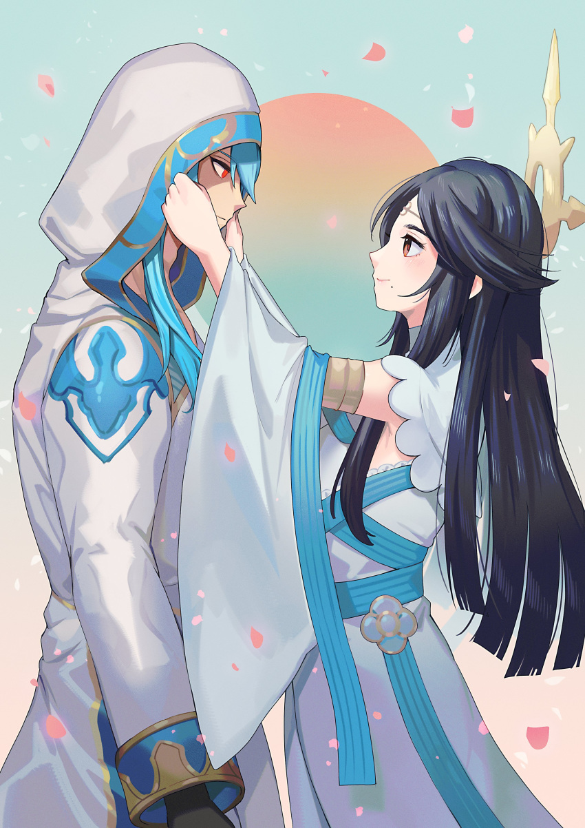 1boy 1girl absurdres anankos black_gloves black_hair blue_background blue_hair brown_eyes closed_mouth commentary dress eyelashes falling_petals fire_emblem fire_emblem_fates gloves gold_trim gradient_background highres hooded_robe long_hair mikoto_(fire_emblem) mole mole_under_mouth petals red_eyes robe smile spoilers white_robe yasaikakiage