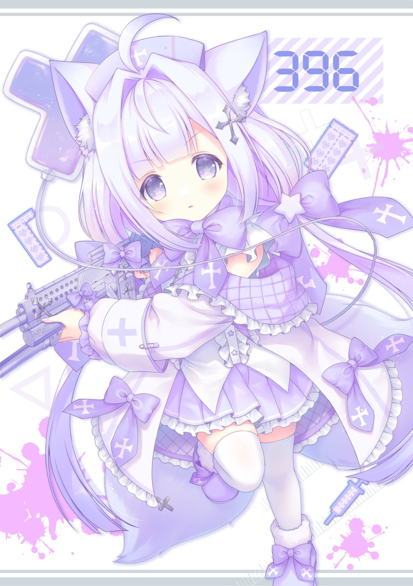 1girl absurdres ahoge blunt_bangs blush bow bowtie commission copyright_request cross_hair_ornament gun hair_intakes hair_ornament hat highres holding holding_gun holding_weapon kemamire long_hair long_sleeves low_twintails nurse_cap pleated_skirt purple_bow purple_bowtie purple_footwear purple_hair purple_headwear purple_skirt skeb_commission skirt solo thigh-highs twintails very_long_hair violet_eyes weapon white_thighhighs