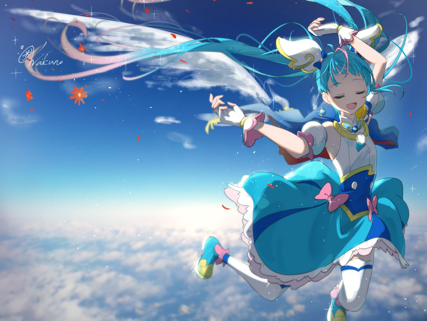 1girl above_clouds angel_wings ankle_boots arm_up artist_name blue_cape blue_dress blue_footwear blue_hair blue_sky boots bow brooch cape closed_eyes clouds cure_sky cut_bangs day detached_sleeves dress dress_bow earrings facing_viewer fingerless_gloves floating frilled_dress frills gloves highres hirogaru_sky!_precure jewelry long_hair magical_girl multicolored_hair open_mouth outdoors petals pink_hair precure puffy_detached_sleeves puffy_sleeves red_cape signature single_sidelock sky sleeveless sleeveless_dress smile solo sora_harewataru streaked_hair thigh-highs twintails two-tone_cape two-tone_dress very_long_hair wakuno_lemon white_dress white_gloves white_thighhighs white_wings wing_brooch wing_hair_ornament wings