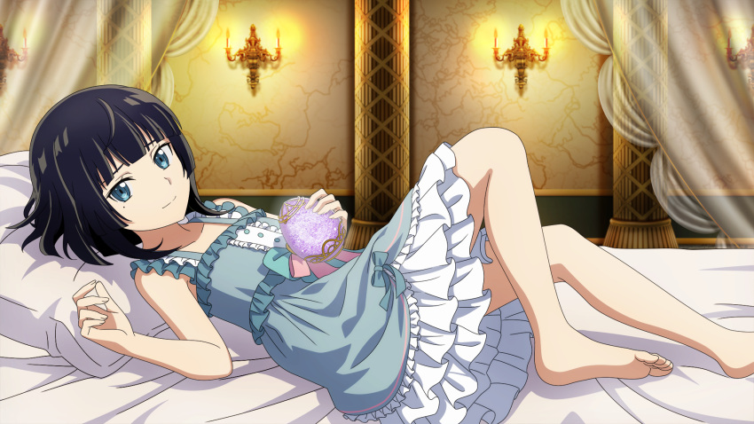 1girl bare_arms barefoot bed_sheet black_hair blue_dress blue_eyes blunt_bangs candelabra candlestand closed_mouth curtains dress game_cg highres holding indoors layered_dress looking_at_viewer lying medium_hair mole mole_under_eye official_art on_back pillow premiere_(sao) short_dress sleepwear sleeveless sleeveless_dress smile soles solo straight_hair sword_art_online sword_art_online_last_recollection white_dress