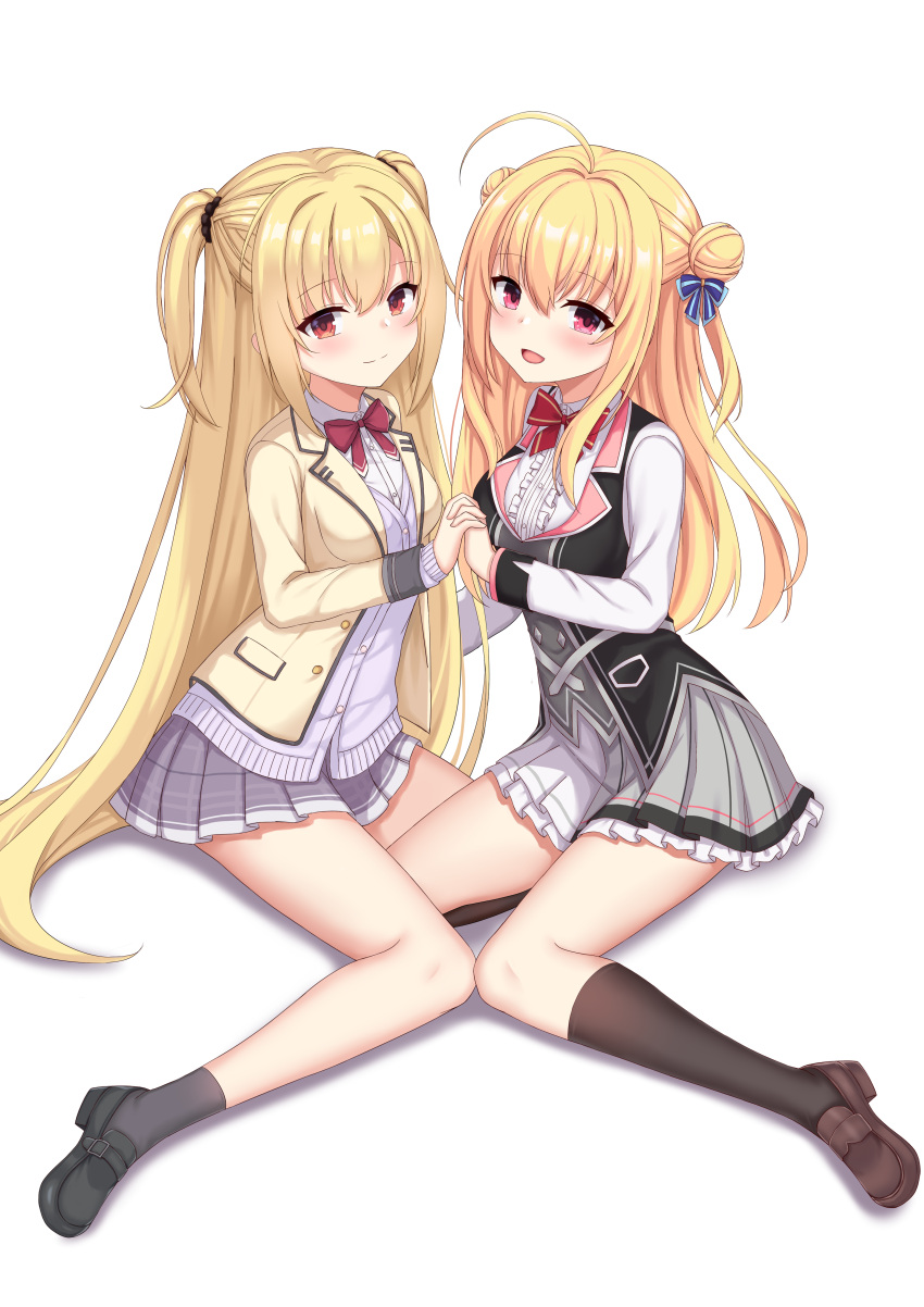 2girls absurdres ahoge arihara_nanami black_scrunchie black_socks blazer blonde_hair blue_bow blush bow bowtie breasts cardigan chinese_commentary closed_mouth collared_shirt color_connection commentary_request commission crossover double_bun elih_(nfslyy) eyelashes frilled_skirt frills full_body grey_skirt hair_between_eyes hair_bow hair_bun hair_color_connection hair_ornament hair_scrunchie hamidashi_creative highres holding_hands interlocked_fingers izumi_hiyori jacket kneehighs large_breasts leg_between_thighs loafers long_hair long_legs long_sleeves look-alike looking_at_viewer miniskirt mixed-language_commentary multiple_girls open_clothes open_jacket open_mouth partial_commentary plaid plaid_skirt pleated_skirt purple_cardigan red_bow red_bowtie red_eyes riddle_joker scrunchie shirt shoes simple_background sitting skirt sleeves_past_wrists smile socks thigh-highs thighs trait_connection tsurime two_side_up very_long_hair wariza white_background white_shirt yellow_jacket