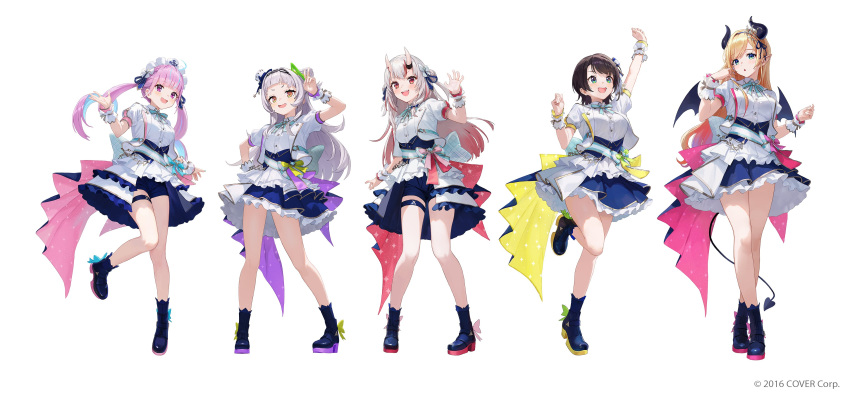 5girls :d :o absurdres ahoge anchor_print ankle_boots aqua_bow aqua_bowtie aqua_gemstone aqua_hair aqua_sash arm_up back_bow beads beckoning black_hair blue_bow blue_corset blue_footwear blue_ribbon blue_shorts blue_skirt blunt_bangs blush boots bow bowtie braid brooch buttons chain_hairband claw_pose collared_jacket colored_inner_hair commentary_request company_name contrapposto copyright_notice corset crossed_ankles curled_fingers demon_girl demon_horns demon_tail dot_nose double_bun dress_shirt eyelashes flipped_hair footwear_bow french_braid frilled_skirt frills full_body glitter gold_ribbon gold_trim gradient_hair green_bow green_eyes grey_hair hair_bow hair_bun hair_ornament hair_ribbon hand_up hands_up hat hat_bow high_heel_boots high_heels highres hololive hololive_idol_uniform_(bright) horn_ornament horn_ring horns idol idol_clothes jacket jewelry lapel_pin lapels large_bow layered_skirt leg_up legs_folded long_hair looking_at_viewer looking_up low-tied_long_hair maid maid_headdress matsuo_shogo minato_aqua mini_hat mini_tiara multicolored_hair multiple_girls murasaki_shion nakiri_ayame notched_lapels official_alternate_costume official_art oni oozora_subaru open_clothes open_jacket open_mouth overskirt pigeon-toed pink_hair pink_ribbon pink_skirt plaid plaid_bow pointy_ears puffy_short_sleeves puffy_sleeves purple_bow purple_skirt red_bow red_ribbon red_skirt redhead ribbon ringlets sash sash_bow shirt short_eyebrows short_hair short_shorts short_sleeves shorts showgirl_skirt side_braid sidelocks simple_background single_hair_bun skin-covered_horns skirt smile sparkle_print standing standing_on_one_leg star_(symbol) star_hair_ornament streaked_hair striped_bow striped_sash swept_bangs tail teeth thick_eyebrows thigh_strap thighs top_hat tress_ribbon twintails two-sided_fabric two-sided_skirt two-tone_hair two_side_up underbust upper_teeth_only v violet_eyes virtual_youtuber white_background white_bow white_headwear white_jacket white_sash white_shirt white_skirt white_wrist_cuffs wrist_cuffs wrist_ribbon yellow_bow yellow_ribbon yellow_skirt yuzuki_choco