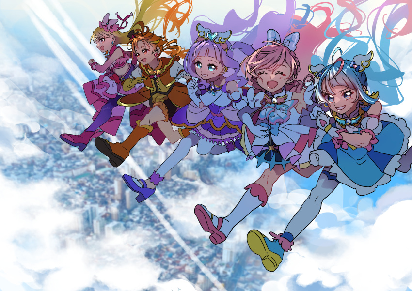 1boy 4girls above_clouds absurdres ankle_boots aqua_hair ascot belt black_belt black_headwear blonde_hair blue_dress blue_eyes blue_footwear blue_hair boots bow braid brooch butterfly_hat_ornament city closed_eyes clothing_cutout clouds coattails commentary cropped_shirt cure_butterfly cure_majesty cure_prism cure_sky cure_wing cut_bangs detached_sleeves dress earclip earrings elbow_gloves ellee-chan english_commentary facing_viewer fingerless_gloves floating gloves grin hair_bow half-dress hat hat_ornament high_heel_boots high_heels highres hijiri_ageha hirogaru_sky!_precure jacket jewelry long_hair looking_at_viewer magical_girl midriff mini_hat mini_top_hat miniskirt mixed-language_commentary mob_cap multicolored_hair multiple_girls navel nijigaoka_mashiro open_mouth orange_footwear orange_gloves orange_hair orange_jacket orange_shorts pantyhose pink_eyes pink_footwear pink_gloves pink_hair pink_headwear pink_shirt pink_skirt pleated_skirt precure puffy_detached_sleeves puffy_short_sleeves puffy_sleeves purple_dress purple_footwear purple_hair purple_pantyhose purple_skirt red_eyes sekiguchi_(mitemite_mitene) shirt short_dress short_shorts short_sleeves shorts shoulder_cutout showgirl_skirt side_braid single_earring single_sidelock skirt sleeveless sleeveless_dress sleeveless_shirt smile sora_harewataru streaked_hair thigh-highs tilted_headwear top_hat twin_braids twintails two-tone_dress two_side_up very_long_hair walking white_ascot white_bow white_dress white_footwear white_gloves white_thighhighs wing_brooch wing_hair_ornament yuunagi_tsubasa