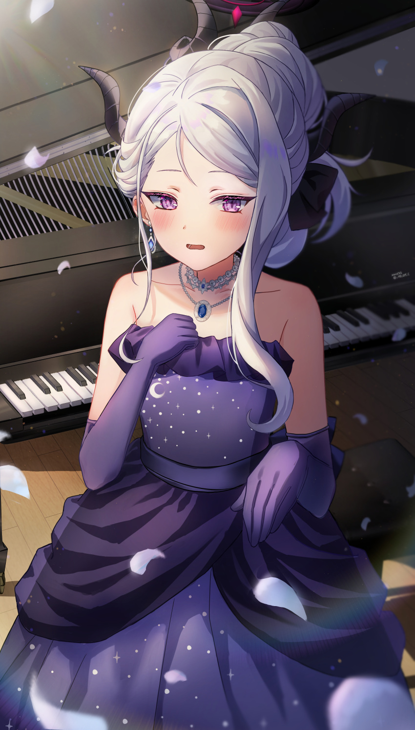 1girl absurdres black_horns blue_archive blush collarbone dangle_earrings demon_horns dress earrings elbow_gloves flat_chest gloves grand_piano grey_hair halo highres hina_(blue_archive) hina_(dress)_(blue_archive) horns instrument jewelry long_hair looking_at_viewer m0_0m_c multiple_horns necklace official_alternate_costume official_alternate_hairstyle open_mouth pendant piano piano_keys purple_dress purple_gloves solo strapless strapless_dress violet_eyes