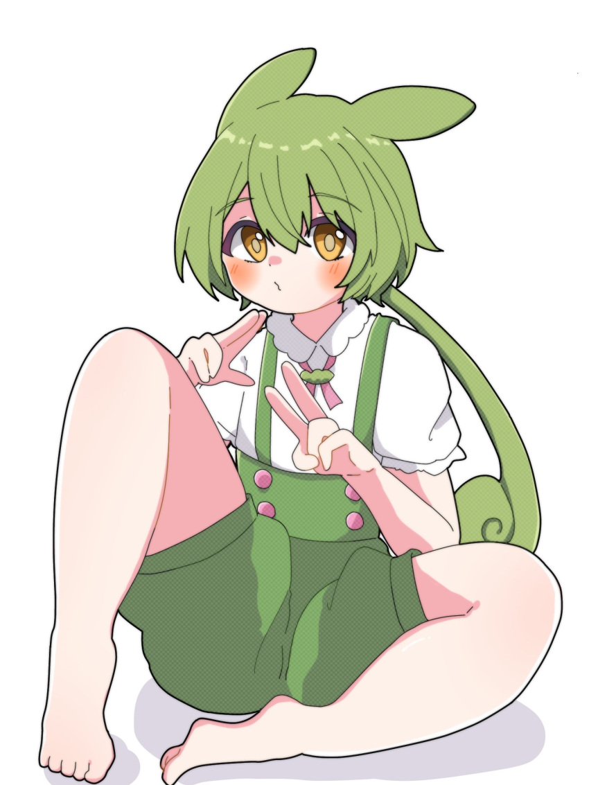 1girl animal_ears barefoot black_outline closed_mouth green_hair green_shorts green_suspenders hair_between_eyes highres light_blush long_hair looking_at_viewer low_ponytail outline puffy_short_sleeves puffy_sleeves shirt short_sleeves shorts simple_background sitting solo suspender_shorts suspenders voicevox white_background white_shirt yellow_eyes zundamon zundamotidayo