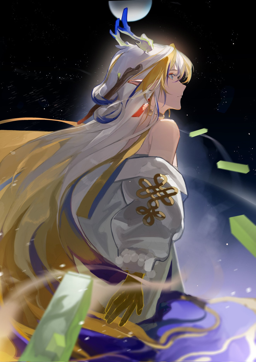 1girl :| arknights arm_at_side bare_shoulders blonde_hair blue_hair closed_mouth colored_skin dragon_girl dragon_horns earrings expressionless eyeliner feet_out_of_frame from_side hair_between_eyes highres horns jacket jewelry long_hair long_sleeves looking_ahead makeup moon multicolored_hair off_shoulder pointy_ears profile rectangle red_eyeliner shu_(arknights) sidelocks solo somnolence_(hranxy) space star_(sky) streaked_hair tassel tassel_earrings white_hair white_jacket