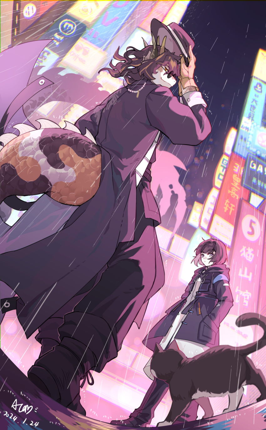 1boy 1girl arknights black_cat black_coat black_hair black_headwear black_pants black_sky building cat coat commentary_request dated doctor_(arknights) dutch_angle female_doctor_(arknights) fins fish_boy fish_tail furry furry_male gloves gradient_sky hands_in_pockets hat head_fins highres lee_(arknights) looking_at_viewer outdoors pants purple_sky puyue rain shirt short_hair sign signature sky tail white_shirt yellow_gloves