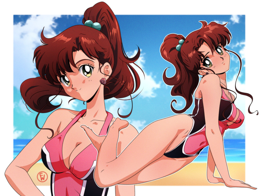 absurdres barefoot beach bishoujo_senshi_sailor_moon blue_sky blush breasts brown_hair clouds cloudy_sky earrings fritz_willie green_eyes highres jewelry kino_makoto legs navel one-piece_swimsuit sand sky smile swimsuit water