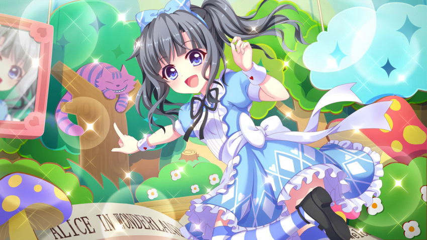 1girl :d alice_(alice_in_wonderland) alice_(alice_in_wonderland)_(cosplay) alice_in_wonderland apron back_bow black_footwear black_hair black_ribbon blue_bow blue_dress blue_eyes blue_hairband book bow bush cardboard_cutout cheshire_cat_(alice_in_wonderland) clouds cosplay diamond_print dot_nose dress dutch_angle film_grain flower frilled_apron frills from_side game_cg giant_book hair_bow hairband hand_up heart heart_print itsumura_yukari izumi_tsubasu lens_flare looking_at_viewer mary_janes medium_hair mirror mushroom non-web_source official_art open_book open_mouth pointing print_skirt purple_cat re:stage! ribbon shoes skirt smile socks solo sparkle stage striped_clothes striped_socks tree tree_stump twintails white_apron white_bow white_flower white_wrist_cuffs wooden_floor wrist_cuffs