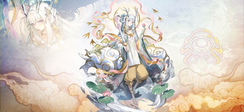 1girl above_clouds alchemy_stars antlers baggy_pants barefoot bird brown_pants bud chen'ni clouds dragon_horns flat_chest hair_bun halo holding holding_sword holding_weapon horns lily_pad long_bangs looking_at_viewer multiple_views official_art pants second-party_source single_hair_ring sword toes violet_eyes weapon white_tunic