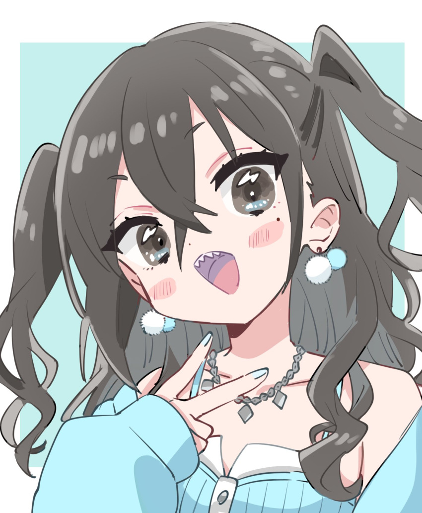 1girl bare_shoulders black_eyes black_hair blue_nails blue_shirt blush_stickers commentary_request earrings hair_between_eyes highres idolmaster idolmaster_cinderella_girls jewelry looking_at_viewer mole mole_under_eye necklace open_mouth saito_katuo sharp_teeth shirt sleeves_past_wrists smile solo sunazuka_akira teeth two_side_up upper_body v