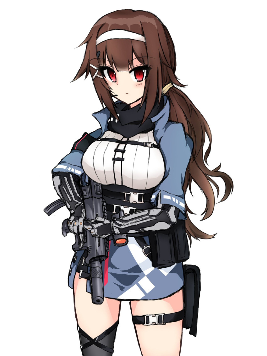 1girl blue_dress blush breasts brown_hair bullpup closed_mouth commentary_request cowboy_shot dress girls_frontline gun highres holding holding_gun holding_weapon js_9_(girls'_frontline) koppa_(mgim4428000) long_hair looking_at_viewer microphone red_eyes scope simple_background solo submachine_gun thigh_pouch thigh_strap thighs weapon white_background