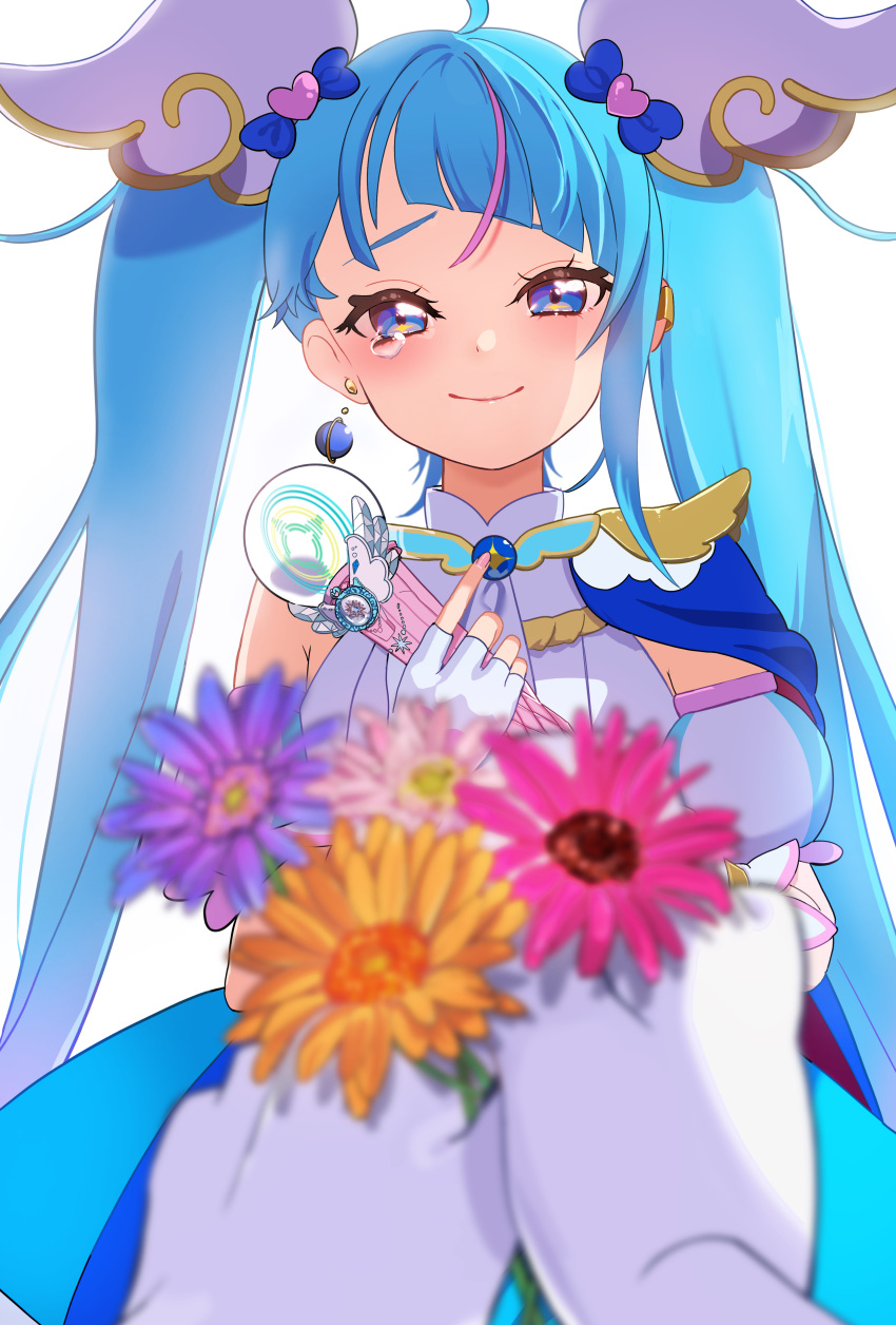 1girl absurdres blue_cape blue_dress blue_eyes blue_hair blurry blurry_foreground brooch cape closed_mouth commentary cure_sky cut_bangs depth_of_field detached_sleeves dress earclip earrings fingerless_gloves flower gloves half-closed_eyes highres hirogaru_sky!_precure holding holding_flower jewelry long_hair looking_at_viewer magical_girl pink_hair pov precure puffy_detached_sleeves puffy_sleeves simple_background single_earring single_sidelock sky_mirage sleeveless sleeveless_dress smile solo sora_harewataru standing tearing_up twintails two-tone_dress very_long_hair white_background white_dress white_gloves wing_brooch wing_hair_ornament zooz08