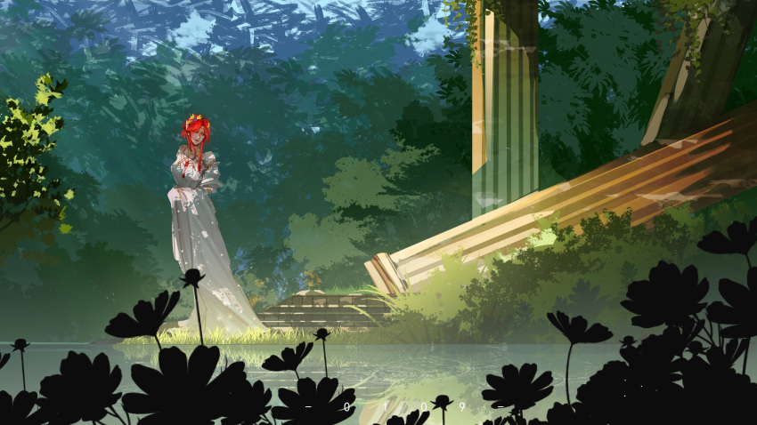 1girl breasts bush cabernet_(path_to_nowhere) chinese_commentary chunri_yuanshan commentary dated dress full_body gem gold_circlet gold_trim hair_ornament highres jewelry leaf long_dress long_hair medium_breasts mole mole_under_mouth necklace official_alternate_costume outdoors overgrown path_to_nowhere pillar pond red_gemstone red_lips redhead solo stairs tree updo white_dress