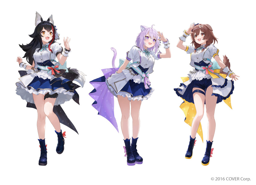 3girls :d ahoge animal_ear_fluff animal_ears ankle_boots aqua_bow aqua_bowtie aqua_gemstone aqua_sash arm_behind_back back_bow beads black_hair black_ribbon black_skirt blue_bow blue_corset blue_footwear blue_shorts blue_skirt blush bone_hair_ornament boots bow bowtie braid breasts brooch brown_eyes brown_hair buttons cat_ears cat_girl cat_tail collared_jacket commentary_request company_name copyright_notice corset crossed_bangs dog_ears dog_girl dog_tail dot_nose double-parted_bangs dress dress_shirt eyelashes fang fangs footwear_bow frilled_skirt frills full_body gold_ribbon gold_trim hair_between_eyes hair_bow hair_ornament hair_ribbon hand_up hat high_heel_boots high_heels highres hololive hololive_idol_uniform_(bright) idol idol_clothes inugami_korone jacket jewelry lapel_pin lapels large_bow layered_skirt leaning_forward leg_up long_hair looking_up low-tied_medium_hair matsuo_shogo medium_hair mini_hat multicolored_hair multiple_girls nekomata_okayu notched_lapels official_alternate_costume official_art ookami_mio open_clothes open_jacket open_mouth overskirt pink_bow plaid plaid_bow puffy_short_sleeves puffy_sleeves purple_bow purple_dress purple_hair purple_ribbon red_bow redhead ribbon sash sash_bow shading_eyes shirt short_shorts short_sleeves shorts showgirl_skirt sidelocks simple_background skin_fang skin_fangs skirt smile sparkle_print sparkling_eyes standing standing_on_one_leg streaked_hair striped_bow striped_sash tail thigh_strap thighs top_hat tress_ribbon twin_braids two-sided_fabric two-sided_skirt two-tone_hair underbust violet_eyes virtual_youtuber w_arms waving white_background white_bow white_headwear white_jacket white_sash white_shirt white_skirt white_wrist_cuffs wolf_ears wolf_girl wolf_tail wrist_cuffs wrist_ribbon yellow_eyes yellow_ribbon