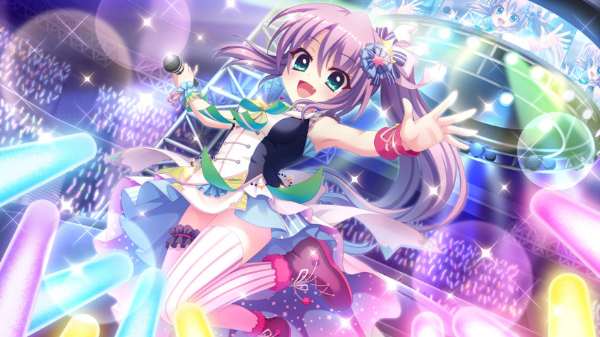1girl aqua_eyes audience blue_dress blue_skirt blue_wrist_cuffs boots bow breasts bridal_garter colored_lights concert cross-laced_footwear dot_nose dress dutch_angle fang film_grain game_cg glowstick green_bow hair_ornament hair_ribbon high_ponytail holding holding_microphone idol idol_clothes indoors izumi_tsubasu jumping layered_skirt looking_at_viewer microphone non-web_source official_art open_mouth outstretched_arms pink_wristband purple_footwear purple_garter purple_hair re:stage! ribbon sailor_collar screen short_dress single_thighhigh skirt small_breasts smile solo stage stage_lights star_(symbol) striped_clothes striped_thighhighs thigh-highs tsukisaka_sayu vertical-striped_clothes vertical-striped_thighhighs white_ribbon white_skirt white_thighhighs wrist_cuffs zettai_ryouiki