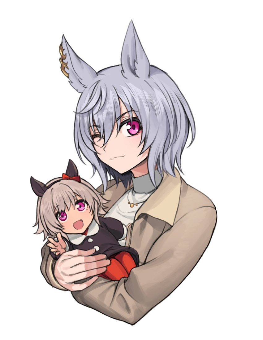 1girl animal_ears black_hairband bow brown_jacket character_doll commentary curren_chan_(umamusume) doll ear_bow ear_covers ear_ornament fukuro_(maruaru00) genderswap genderswap_(mtf) grey_hair hair_between_eyes hairband highres holding holding_doll horse_ears horse_girl jacket kurofune_(racehorse) light_brown_hair long_sleeves one_eye_closed open_mouth original personification red_bow short_hair solo stuffed_toy umamusume upper_body violet_eyes