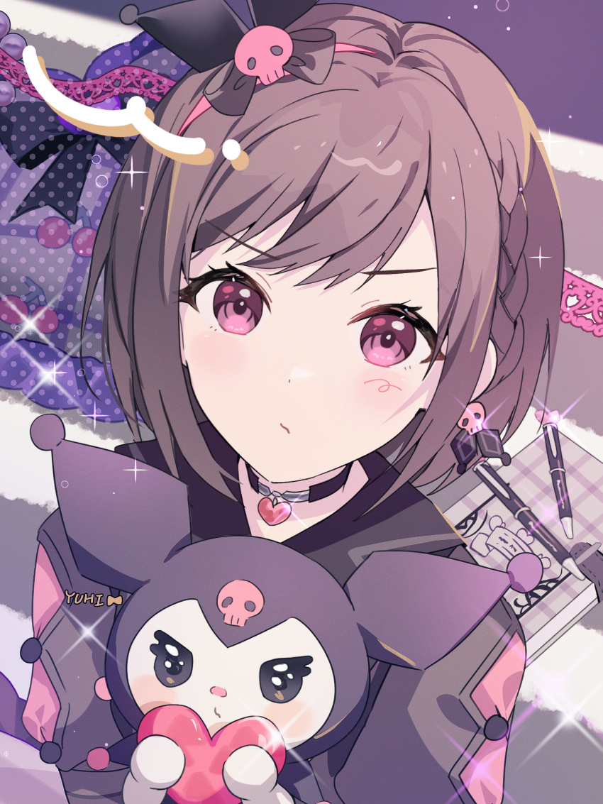 1girl black_collar brown_hair collar commentary earrings frown grey_background hair_ornament heart highres holding holding_heart jewelry kuromi looking_at_viewer onegai_my_melody pencil pink_eyes pink_shirt pout project_sekai purple_background sanrio shinonome_ena shirt short_hair signature skull_earrings skull_hair_ornament yuhi_(hssh_6)