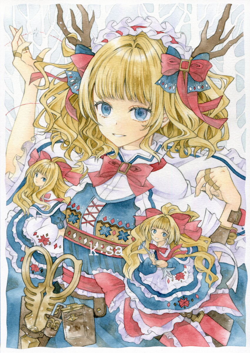1girl absurdres adapted_costume alice_margatroid antlers apron blonde_hair blue_bow blue_dress blue_eyes blunt_bangs bow bowtie capelet commentary cowboy_shot dress frilled_capelet frilled_hairband frilled_ribbon frills hair_bow hairband highres horns jewelry kisarush long_hair long_sleeves looking_at_viewer painting_(medium) parted_lips puppet_rings red_bow red_bowtie red_hairband red_ribbon ribbon ring scissors shanghai_doll touhou traditional_media waist_apron watercolor_(medium) white_apron white_capelet