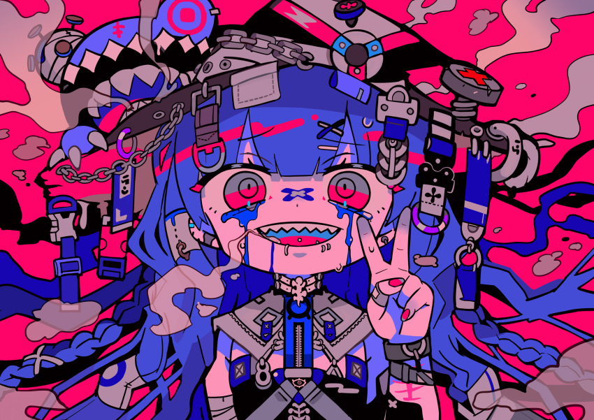 1girl arm_tattoo bandaged_arm bandages bandaid bandaid_on_hand black_shirt blue_hair blunt_bangs braid capelet crying crying_with_eyes_open ear_piercing grey_capelet hat hat_chain hat_ornament highres lip_piercing long_hair neon_palette open_mouth original piercing pink_background pink_eyes pink_nails pink_theme sharp_teeth shirt sidelocks smile solo tattoo tears teeth terada_tera tongue tongue_piercing twin_braids v witch_hat
