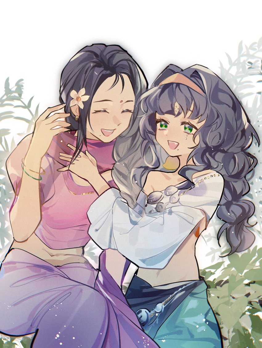 2girls :d black_hair braid bush closed_eyes cropped_shirt facial_mark flower forehead_mark green_eyes green_skirt hair_flower hair_ornament hair_over_shoulder hairband hand_up highres jupiter_yangzouyue kanjira leaf long_hair long_sleeves looking_at_viewer midriff multiple_girls pants puffy_long_sleeves puffy_short_sleeves puffy_sleeves purple_pants purple_scarf purple_shirt reverse:1999 scarf sherjah_(reverse:1999) shirt short_sleeves single_braid single_off_shoulder skirt smile stomach teacher_and_student upper_body white_background white_shirt yellow_flower yellow_hairband