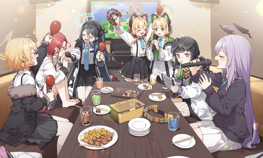 6+girls :d ^_^ absurdres animal_ear_headphones animal_ears aris_(blue_archive) arms_up barefoot bendy_straw black-framed_eyewear black_hair black_jacket black_shorts black_skirt black_thighhighs blonde_hair blue_archive blue_bow blue_eyes blush boots bow braid brown_scarf character_request chopsticks closed_eyes collared_shirt commentary_request cup dress_shirt drinking_glass drinking_straw fake_animal_ears fishnet_pantyhose fishnets flat_screen_tv fur-trimmed_jacket fur_trim glasses green_eyes hair_between_eyes hair_bow halo headgear headphones hibiki_(blue_archive) highres holding holding_cup holding_instrument holding_microphone indoors instrument jacket karaoke knees_up kotori_(blue_archive) long_hair long_sleeves maracas microphone midori_(blue_archive) momoi_(blue_archive) multiple_girls off_shoulder one_side_up open_clothes open_jacket pantyhose pantyhose_under_shorts pink_footwear plate pleated_skirt power_symbol purple_hair red_bow redhead scarf shirt short_shorts shorts siblings sisters sitting skirt smile standing standing_on_one_leg suspender_skirt suspenders tail tambourine television thigh-highs thighhighs_under_boots twins very_long_hair violet_eyes white_jacket white_shirt white_skirt wide_sleeves yukie_(kusaka_shi) yuzu_(blue_archive)