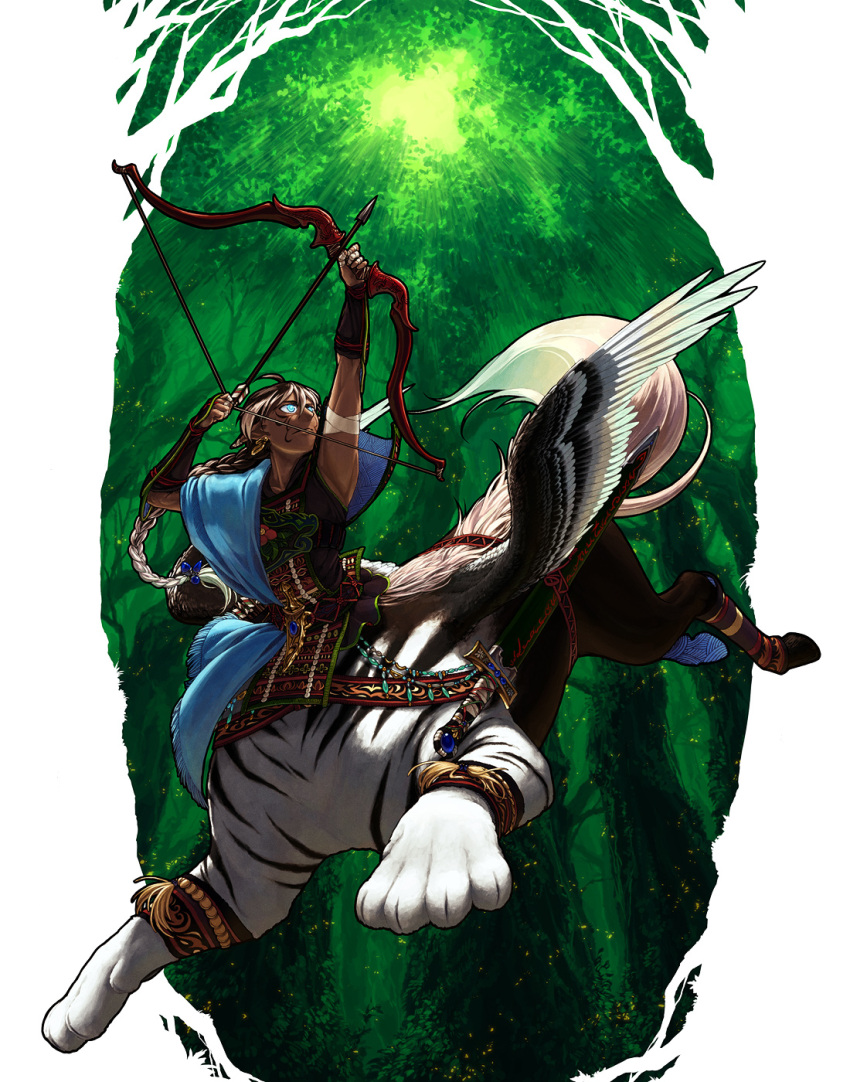 1boy ahoge aiming arm_guards arm_up armor armpits arrow_(projectile) bandaged_fingers bandages beads black_wings blonde_hair blue_eyes blue_gemstone bow_(weapon) braid braided_ponytail brown_hair centauroid closed_mouth dagger dark-skinned_male dark_skin day drawing_bow earrings facepaint facial_mark feathered_wings forest frown full_body gem hair_between_eyes hand_up highres holding holding_arrow holding_bow_(weapon) holding_weapon hooves japanese_armor japanese_clothes jewelry jumping knife long_hair looking_to_the_side looking_up male_focus multicolored_hair multicolored_wings nature outside_border pixiv_genealogy_of_life pointy_ears sheath sheathed single_braid sleeveless solo sword tabard taur thighlet tiger_boy tree very_long_hair watari_taichi weapon white_hair white_wings wind_chime wings