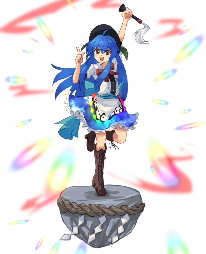 1girl :d ahoge apron black_headwear blue_hair blue_skirt boots bow bowtie brown_footwear commentary_request cross-laced_footwear danmaku frilled_skirt frills hat highres hinanawi_tenshi holding holding_sword holding_weapon keystone knee_boots leaf long_hair plus2sf pointing puffy_short_sleeves puffy_sleeves rainbow_gradient red_bow red_bowtie red_eyes shirt short_sleeves simple_background skirt sky_print smile solo standing standing_on_one_leg sword sword_of_hisou touhou very_long_hair waist_apron weapon white_apron white_background white_shirt