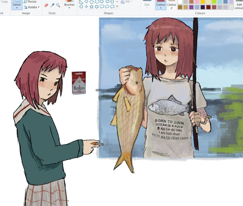 animal blush cigarette cigarette_pack dual_persona fish fishing_rod flcl highres holding holding_animal holding_cigarette holding_fish holding_fishing_rod malboro mi_zukii3 redhead sailor_collar samejima_mamimi school_uniform skirt water