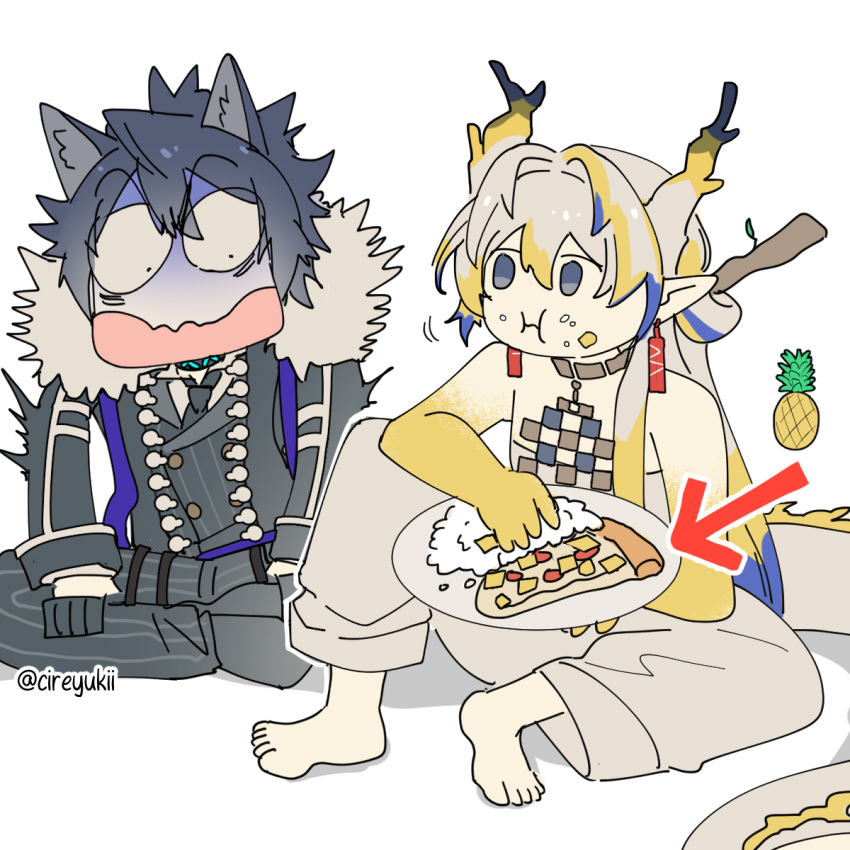 1boy 1girl animal_ears arknights arrow_(symbol) artist_name barefoot blonde_hair blue_eyes blue_hair closed_mouth commentary dragon_girl dragon_horns dragon_tail earrings eating english_commentary food food_on_face fruit grey_hair hair_between_eyes highres horns indian_style infection_monitor_(arknights) jewelry knee_up multicolored_hair open_mouth pineapple pineapple_pizza pizza plate pointy_ears rice shu_(arknights) sitting tail twitter_username variant_set vigil_(arknights) wolf_boy wolf_ears yukii