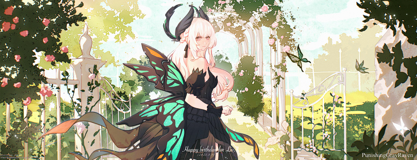 1girl absurdres alkyne_gui arch artist_name bare_shoulders black_dress black_halo blue_sky braid breasts bug bush butterfly butterfly_wings character_name chinese_commentary clouds commentary copyright_name cowboy_shot crinoline curled_fingers dated detached_sleeves dress earrings fence floral_arch flower frilled_dress frills from_behind garden grass half_updo halo halo_behind_head happy_birthday highres insect_wings jewelry leaf liv:_empyrea_(dreamcatcher)_(punishing:_gray_raven) liv:_empyrea_(punishing:_gray_raven) liv_(punishing:_gray_raven) looking_at_viewer looking_back low_wings medium_breasts official_alternate_costume outdoors pink_eyes pink_flower puffy_detached_sleeves puffy_sleeves punishing:_gray_raven ribbon_earrings side_braid sky solo strapless strapless_dress tree twitter_username white_hair wings wrist_cuffs