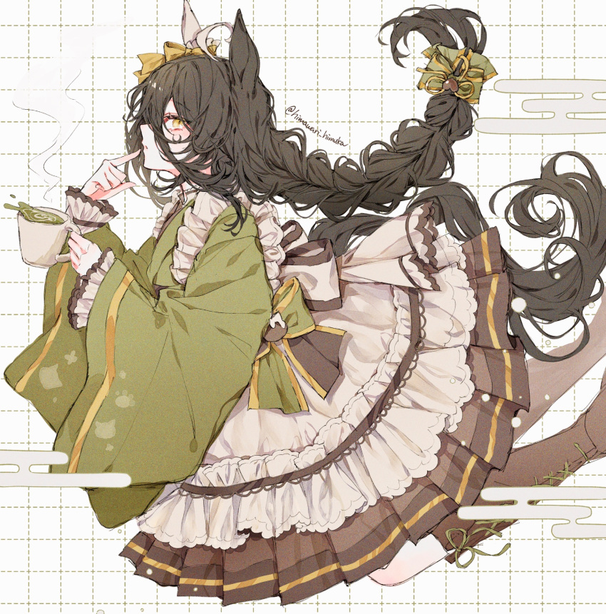 1girl ahoge animal_ears apron black_hair boots bow brown_footwear brown_skirt clouds coffee_mug commentary_request cross-laced_footwear cup dotted_line dress ear_covers egasumi feet_out_of_frame finger_to_mouth frilled_apron frilled_dress frills from_side green_king_(pixiv_fantasia) grid_background hair_bow highres himawari_himuka holding holding_cup horse_ears horse_girl horse_tail japanese_clothes kimono kimono_skirt long_bangs long_hair long_sleeves looking_to_the_side maid manhattan_cafe_(umamusume) mug official_alternate_costume pleated_skirt profile single_ear_cover skirt solo steam tail twitter_username umamusume wa_maid white_apron wide_sleeves yellow_bow yellow_eyes