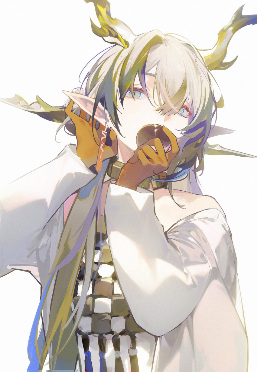 1girl arknights bare_shoulders black_shirt blue_eyes blue_hair checkered_clothes checkered_shirt colored_skin commentary covering_own_mouth cup dragon_girl dragon_horns drive_shot earrings green_hair hair_between_eyes hair_over_one_eye hand_in_own_hair hand_up head_tilt highres holding holding_cup horns jacket jewelry long_hair long_sleeves looking_at_viewer multicolored_hair off_shoulder open_clothes open_jacket orange_skin pointy_ears shirt shu_(arknights) sidelocks simple_background solo streaked_hair tassel tassel_earrings two-tone_shirt upper_body white_background white_jacket white_shirt