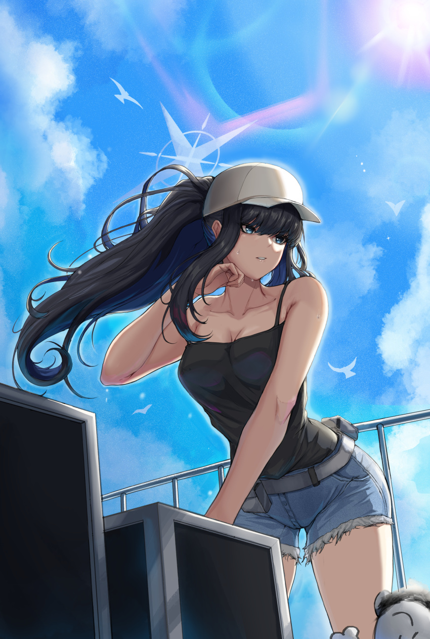 1girl absurdres bird blue_archive blue_eyes blue_hair box breasts clouds cloudy_sky collarbone dated_commentary denim denim_shorts doodle_sensei_(blue_archive) halo highres long_hair mixed-language_commentary ponytail saori_(blue_archive) saori_(swimsuit)_(blue_archive) sensei_(blue_archive) shorts sky solo sun sweat