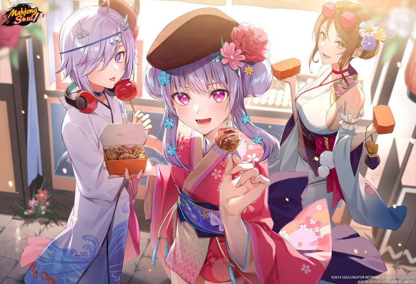 3girls absurdres beret blue_flower box breasts brown_eyes brown_hair brown_headwear candy_apple commentary english_commentary eyewear_on_head floral_print_kimono flower food hair_flower hair_ornament hair_over_one_eye hat headphones headphones_around_neck highres holding holding_box holding_food japanese_clothes kimono logo looking_at_viewer mahjong_soul mask multiple_girls official_art oni_mask open_mouth pink_eyes pink_flower pink_kimono purple_hair standing suzumiya_anju takanashi_hinata takoyaki terasaki_chihori tongue tongue_out wave_print zattape