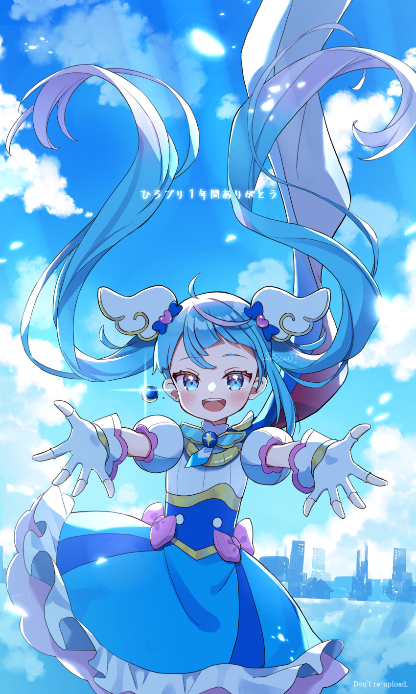 1girl absurdres blue_dress blue_eyes blue_hair blue_sky bow brooch cityscape clouds cloudy_sky commentary cure_sky cut_bangs day detached_sleeves dress dress_bow earrings fingerless_gloves frilled_dress frills gloves highres hirogaru_sky!_precure jewelry light_particles long_hair looking_at_viewer magical_girl multicolored_hair open_mouth outdoors pink_hair precure puffy_detached_sleeves puffy_sleeves reaching reaching_towards_viewer short_dress shuu_(mniarnoakou) single_earring single_sidelock sky smile solo sora_harewataru standing streaked_hair thank_you translated twintails twitter_username two-tone_dress two-tone_hair very_long_hair white_dress white_gloves wind wing_brooch wing_hair_ornament