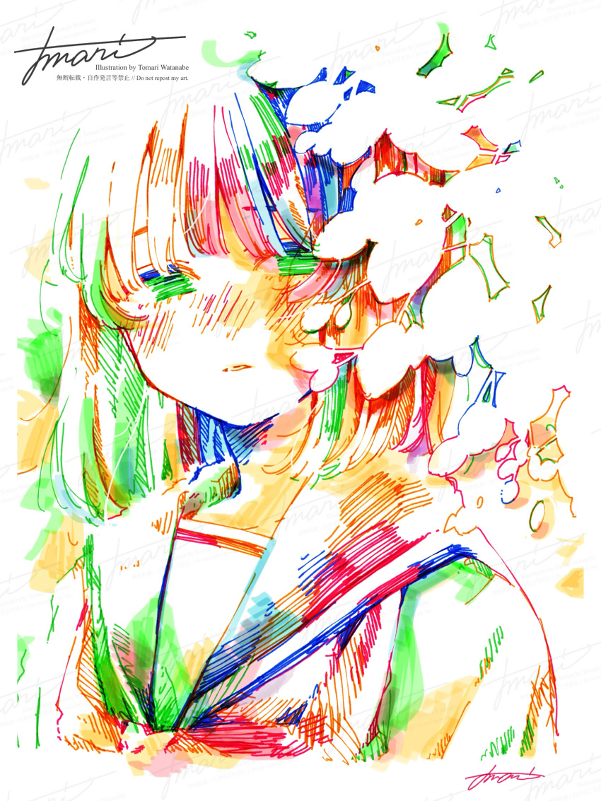 1girl artist_name blush branch colorful commentary_request english_text green_eyes hatching_(texture) highres leaf looking_at_viewer medium_hair multicolored_hair original parted_lips sailor_collar school_uniform serafuku signature simple_background solo straight_hair upper_body watanabe_tomari watermark white_background