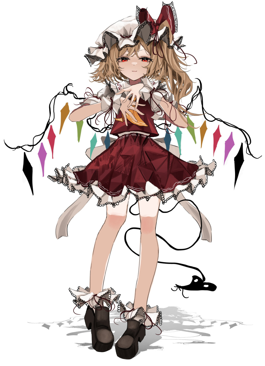 1girl absurdres ascot black_footwear blonde_hair closed_mouth collared_shirt crystal flandre_scarlet full_body hat highres long_hair looking_at_viewer mob_cap one_side_up orange_ascot ougiikun puffy_short_sleeves puffy_sleeves red_eyes red_skirt red_vest shirt shoes short_sleeves simple_background skirt solo touhou vest white_background white_headwear white_shirt wings wrist_cuffs