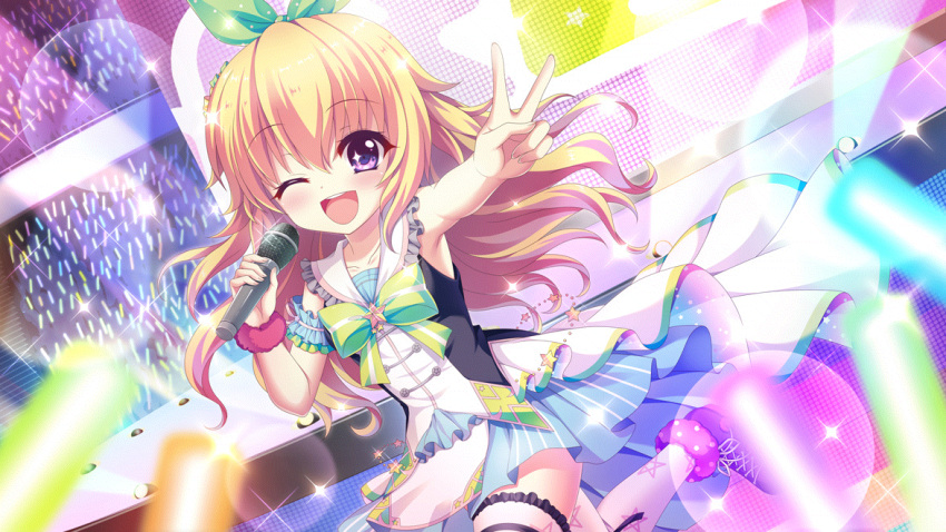 1girl ;d arm_garter blonde_hair blue_dress blue_skirt blurry blurry_foreground boots bow breasts collarbone colored_lights concert cross-laced_footwear dot_nose dress dutch_angle film_grain game_cg glowstick green_bow hair_ornament hasegawa_mii holding holding_microphone idol idol_clothes izumi_tsubasu layered_skirt lens_flare long_hair looking_at_viewer microphone non-web_source official_art one_eye_closed open_mouth outstretched_arm pink_scrunchie print_thighhighs purple_footwear re:stage! sailor_collar screen scrunchie skirt small_breasts smile solo sparkle sparkling_eyes stage stage_lights star_(symbol) star_print striped_clothes striped_skirt teeth thigh-highs two-tone_dress upper_teeth_only vertical-striped_clothes vertical-striped_skirt violet_eyes white_dress white_skirt white_thighhighs zettai_ryouiki
