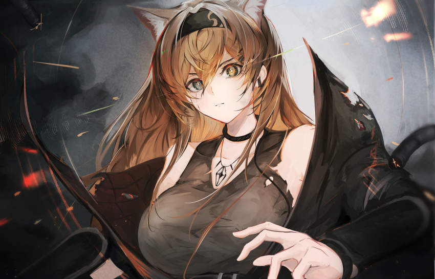 1girl absurdres animal_ears arknights blonde_hair breasts glowing glowing_eye grey_background grey_eyes grey_tank_top hairband highres horn_(arknights) jewelry large_breasts long_hair pendant talz tank_top torn_clothes wolf_ears