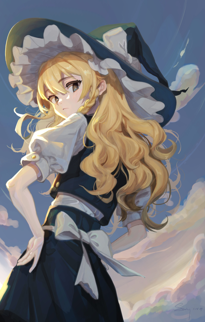 1girl black_headwear black_skirt black_vest blonde_hair bow braid brown_eyes closed_mouth from_behind from_below hands_on_own_hips hat hat_bow highres kirisame_marisa long_hair looking_at_viewer looking_back outdoors shirt short_sleeves skirt solo standing sui_yamami touhou vest white_bow white_shirt witch_hat